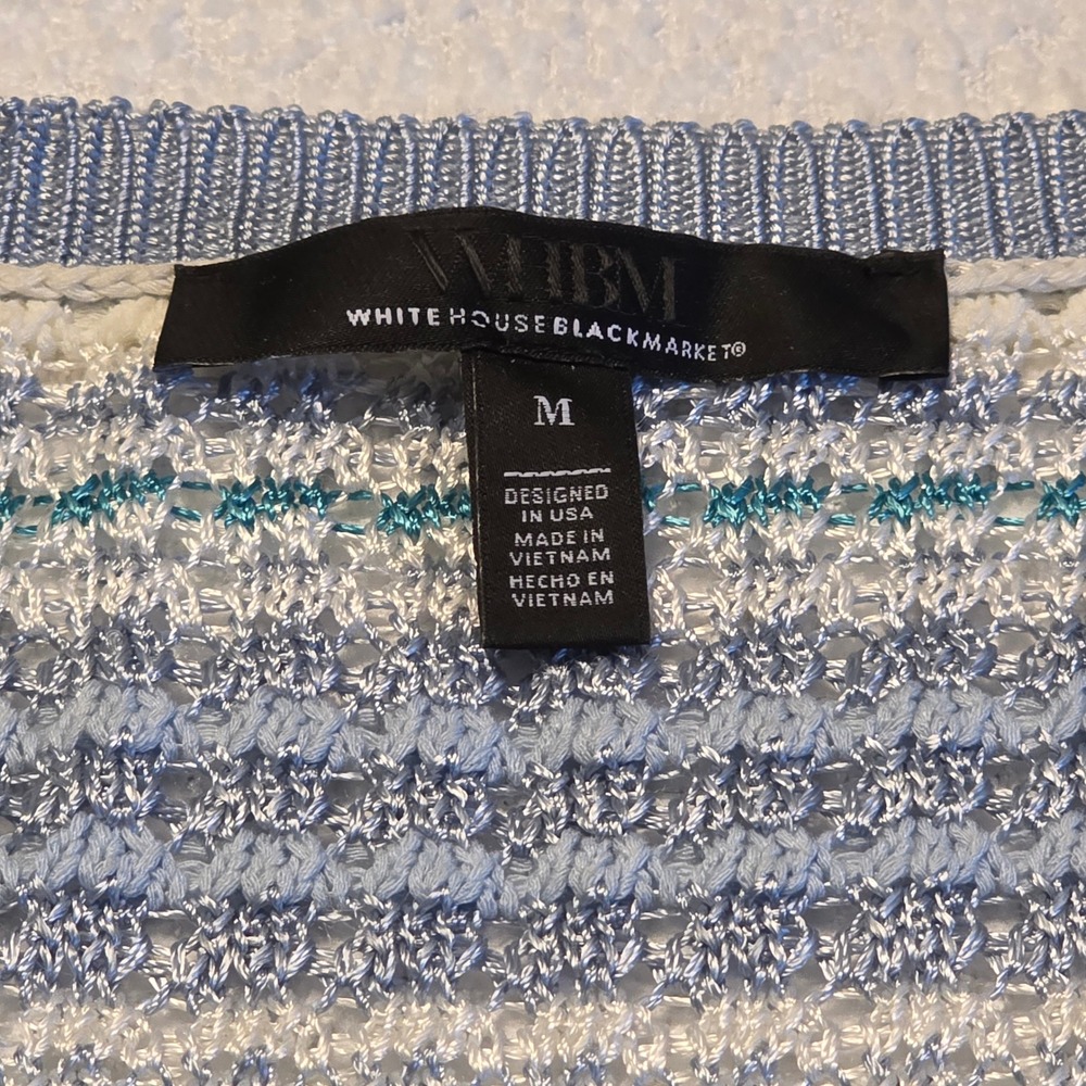 WHBM V-Neck Sweater Women M Blue Striped Good Open Knit 3/4 Sleeve Pullover - Picture 3 of 11